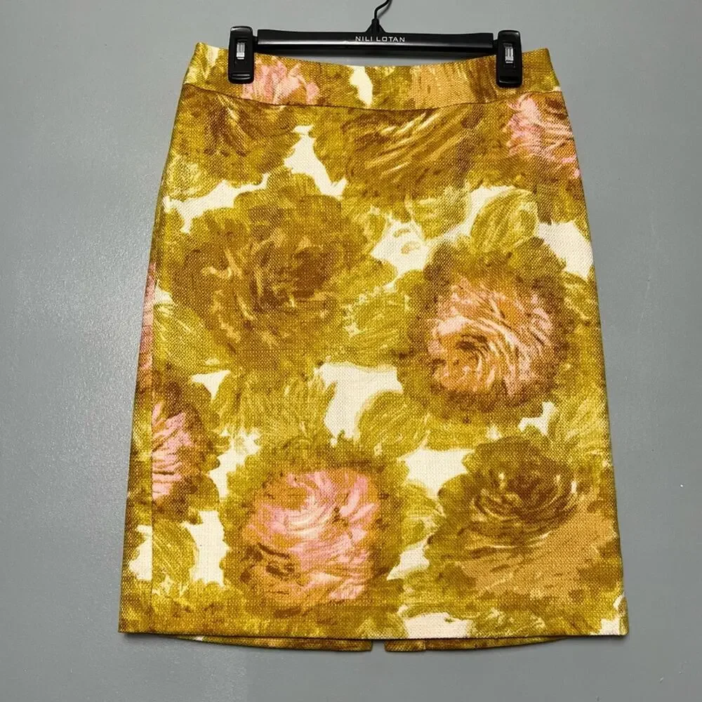 Talbots Watercolor Floral Pencil Skirt Yellow Pink Knee Length Womens Size 2